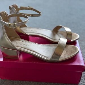 Nina Metallic Gold Ankle-Strap Low Block Heel Sandals